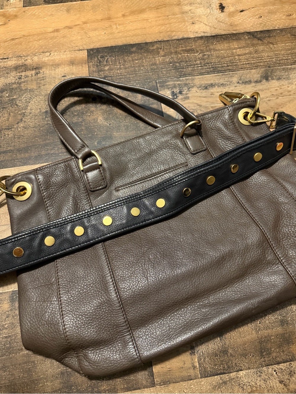 Hammitt Brown Mixed Material Shoulder Bag with Signature Studded Guitar Strap - Picture 6 of 14